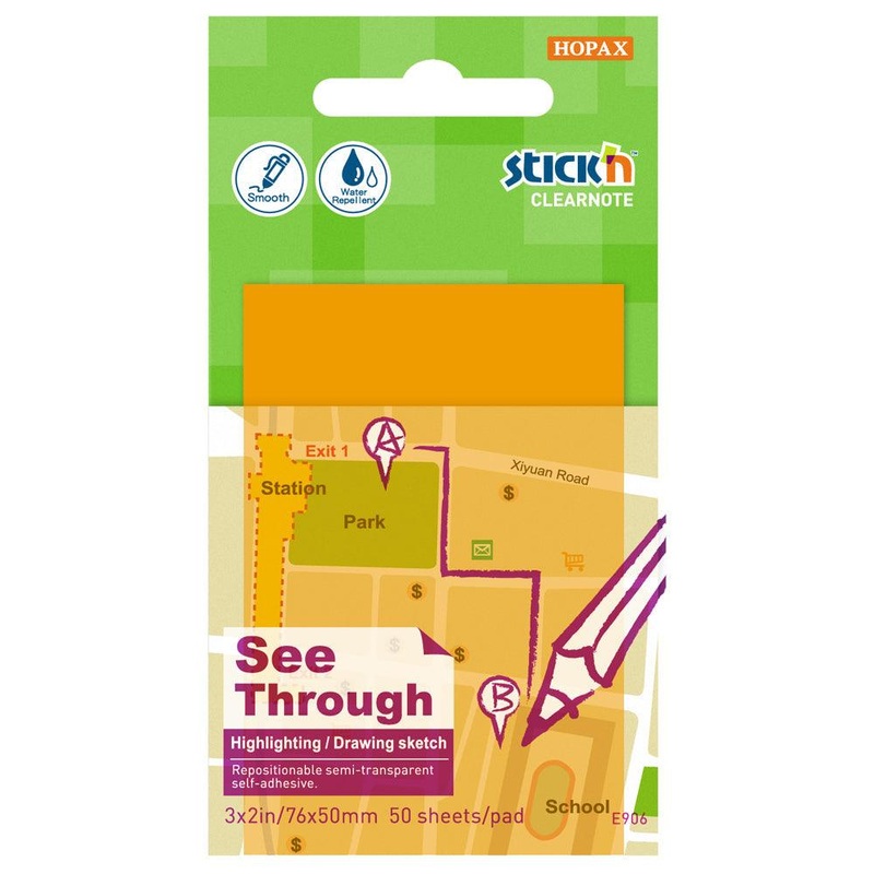 Stick’n Clearnote Orange 76x51mm 50 Sheets Transparent