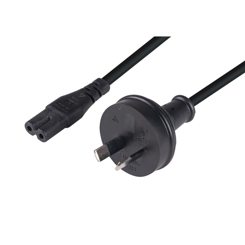 DYNAMIX 2M 2-Pin plug to C7 Figure 8 connector 7.5A. SAA approved power cord. 0.75mm copper core. BLACK Colour.