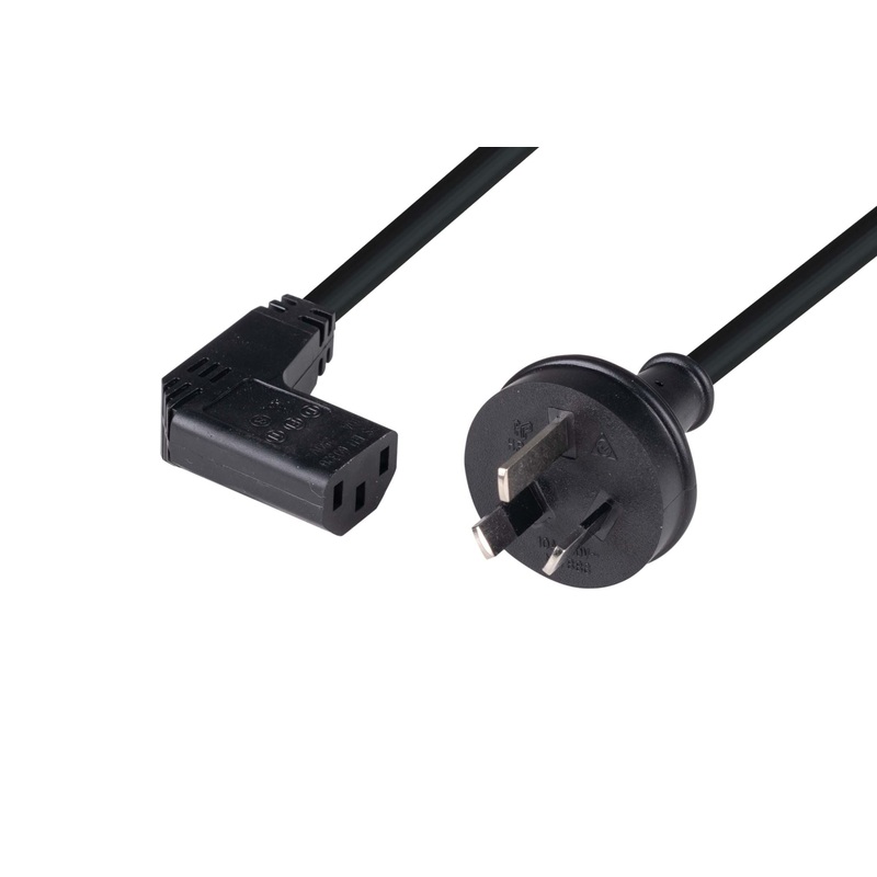 DYNAMIX 2M 3-Pin Plug to Right Angled IEC C13 Female Connector 10A SAA  Approved Power Cord. 1.0mm copper core. BLACK Colour.