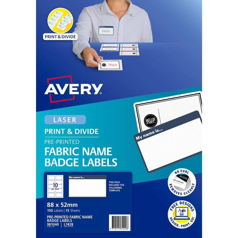 Avery “My Name Is” Fabric Print & Divide Name Badges Laser 88x52mm 150 Labels L7428
