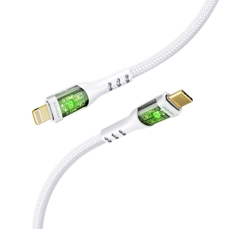 PROMATE 1.2m USB-C to Lightning Cable with Transparent Connectors & LED”s. Supports 27W PD. 25000+ Bend Lifespan. Supports Data & Charge. Gold Plated Connectors. Durable Nylon Braided Cable. Black Colour.