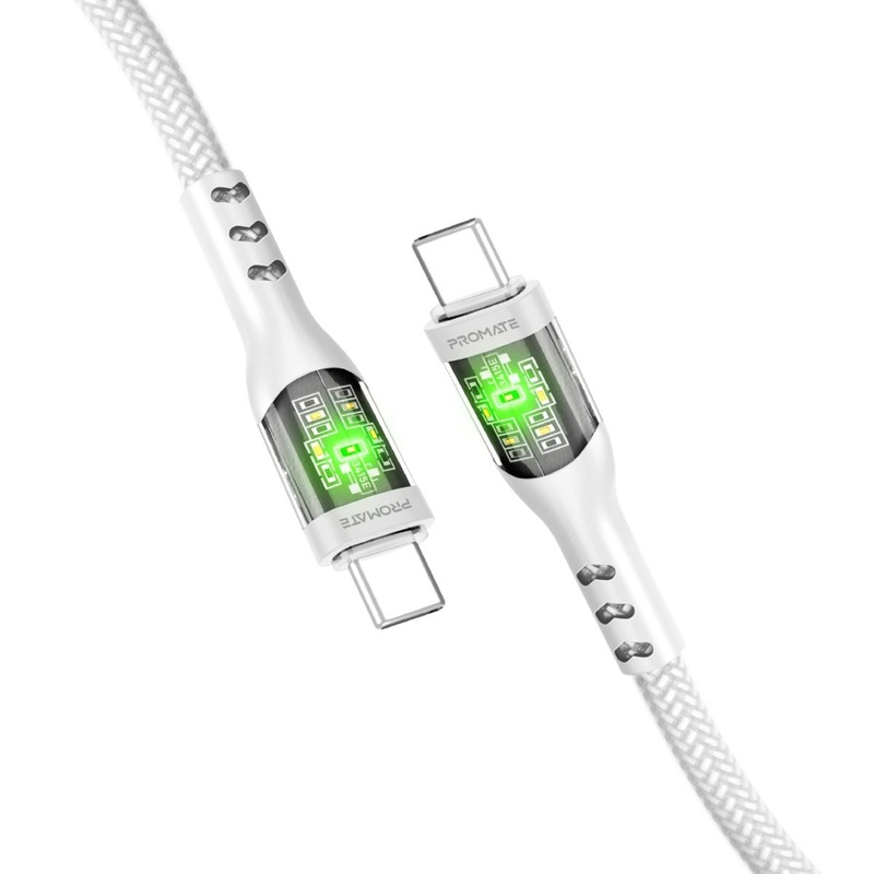 PROMATE 1.2m USB-C to USB-C Cable with Transparent Connectors & LED”s Supports 60W PD. 25000+ Bend Lifespan. Supports Data & Charge. Gold Plated Connectors. Durable Nylon Braided Cable. Black Colour.