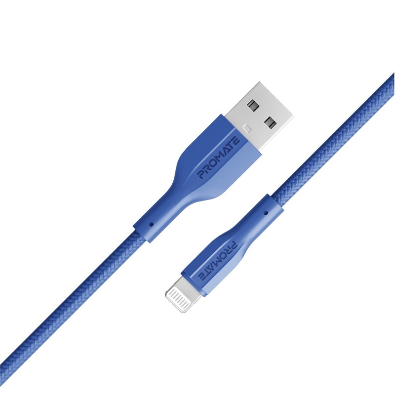 PROMATE 1M USB-A to Lightning Connector Super Flexible Cable. Supports 2A Charging & 480Mbps Data Transfer. Blue Colour.