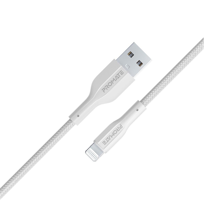 PROMATE 1M USB-A to Lightning Connector Super Flexible Cable. Supports 2A Charging & 480Mbps Data Transfer. White Colour.