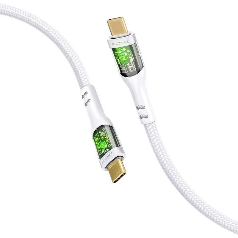 PROMATE 2m USB-C to USB-C Cable with Transparent Connectors & LED”s Supports 60W PD. 25000+ Bend Lifespan. Supports Data & Charge. Gold Plated Connectors. Durable Nylon Braided Cable. Black Colour.