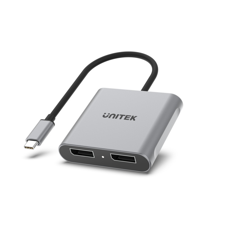 UNITEK USB-C to Dual DisplayPort 8K Adapter with MST. Supports 8K@60Hz or 4K@120Hz HDCP 2.2. Bus-powered. Plug & Play. Supports Screen Mirroring & Extending on Windows OS.