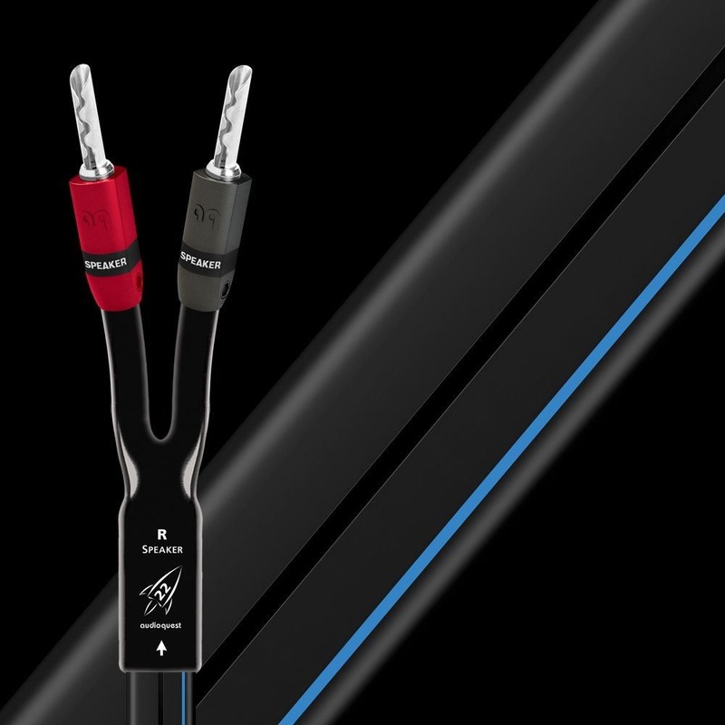 AUDIOQUEST Rocket 22 3M Pair. Full Range. Banana – Banana. 12AWG Long Grain Copper and Perfect Surface Copper. Double Spiral Pair. PVC Dielectric. Jacket – White PVC with Blue Stripes.