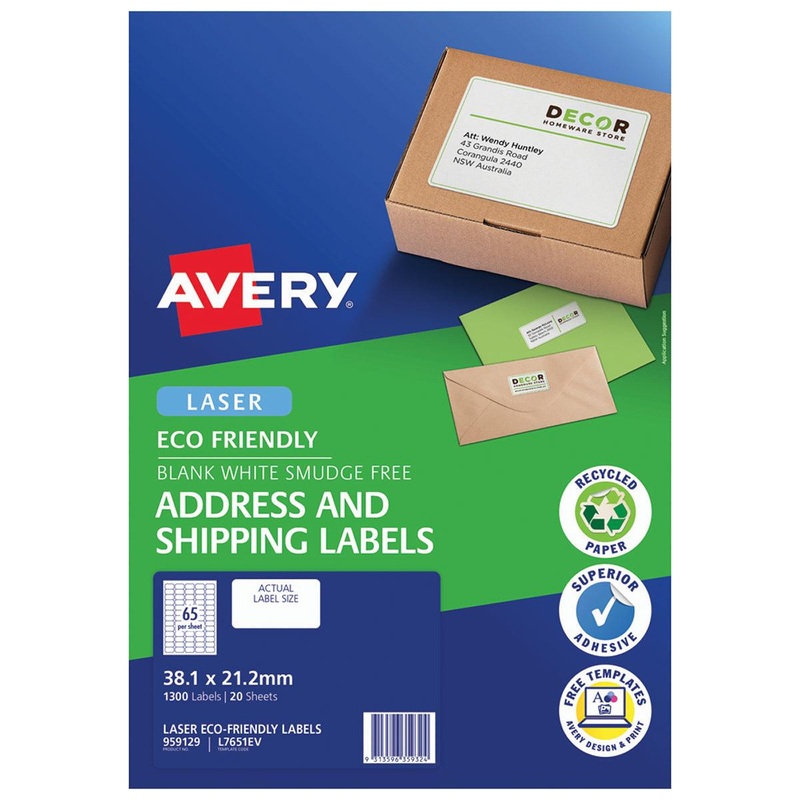 Avery Eco Friendly Address Labels 38.1×21.2mm 65up 20 Sheets L7651EV