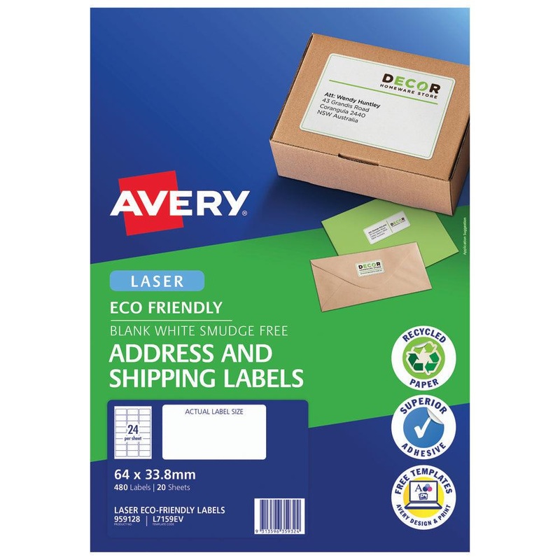 Avery Eco Friendly Address Labels 64×33.8mm 24up 20 Sheets L7159EV