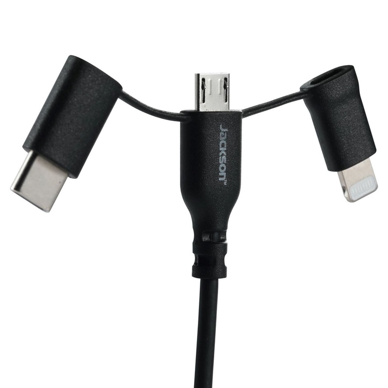 JACKSON 1m MFi Certified 3-in-1 Sync & Charge Cable. Includes Micro USB, USB-C & Lightning Connectors. Saddle USB-C or Lightning Connector onto Micro USB & Plug into USB Port. Black