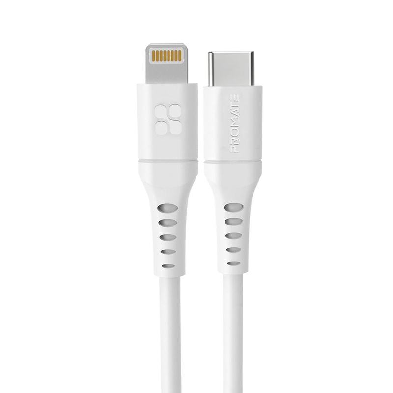 PROMATE 1.2m 20W PD USB-C to Lightning Charge & Sync Cable. For Apple iPhone, iPad, & iPad Mini. Soft Touch Silicone. Anti Snap Tangle Free Design. Black. *Not MFI Certified*