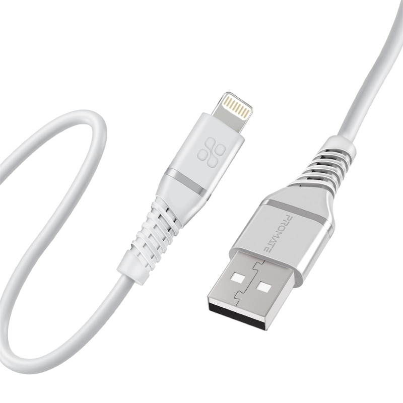 PROMATE 1.2m MFI Certified USB-A to Lightning Data & Charge Cable. Data Transfer Rate 480Mbps. Total Current 2.4A. Durable Soft Silicon Cable. Tangle Resistant 25000 Bend Lifespan. Black.