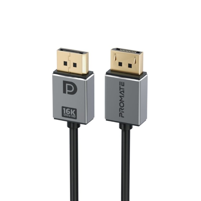 PROMATE 2m 2.0 DisplayPort Cable. Supports HD up to 16K@60Hz. Supports 80Gbps Data Transfer Speeds. Built-in Secure Clip Lock. Supports Dynamic HDR & 3D Video. Black Cable with Grey Connectors.