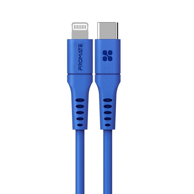 PROMATE 2m 20W PD USB-C to Lightning Charge & Sync Cable. For Apple iPhone, iPad, & iPad Mini. Soft Touch Silicone. Anti Snap Tangle Free Design. Black. *Not MFI Certified*