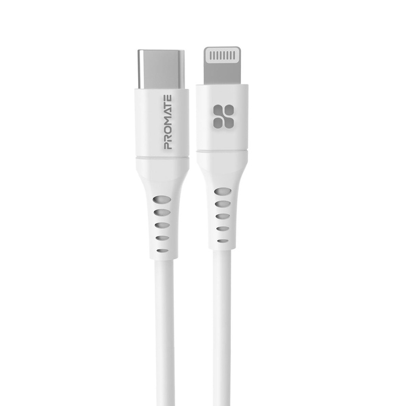 PROMATE 3m 20W PD USB-C to Lightning Charge & Sync Cable. For Apple iPhone, iPad, & iPad Mini. Soft Touch Silicone. Anti Snap Tangle Free Design. Black. *Not MFI Certified*