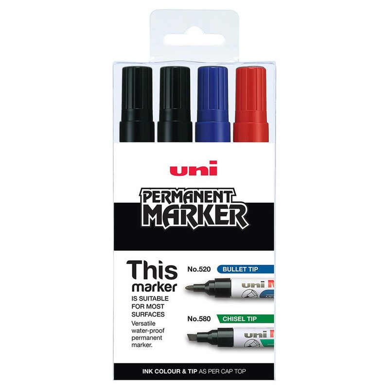 Uni Permanent Bullet Tip Marker 4 Piece Asstd 520