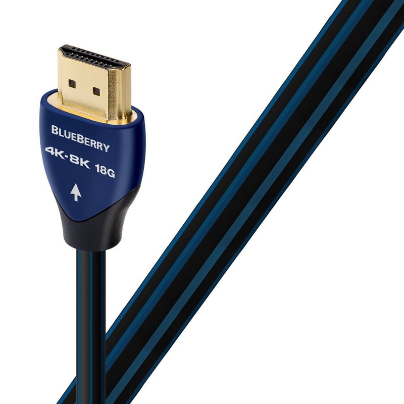 AUDIOQUEST Blueberry 1M HDMI cable. Long grain copper. Resolution – 18Gbps – up to 8K-30 Metal layer noise dissipation. Jacket – black PVC – blue stripes. 7-10 Day Lead Time