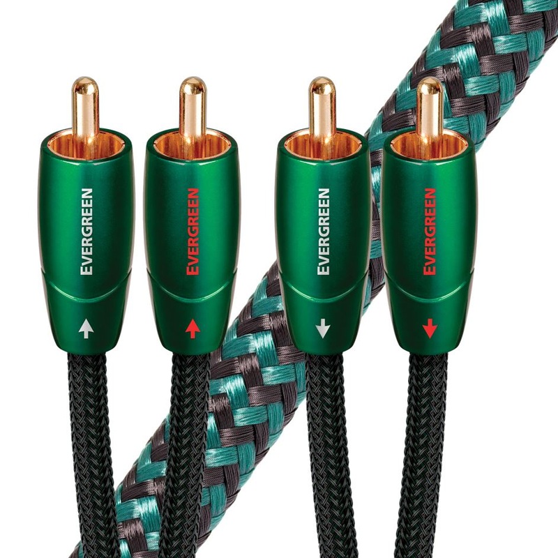 AUDIOQUEST Evergreen 1M 2 to 2 RCA Male. Solid Long Grain Copper Gold Plated/cold welded termination Foamed-Polyethylene dielectric Metal layer noise dissipation Jacket – green – black braid