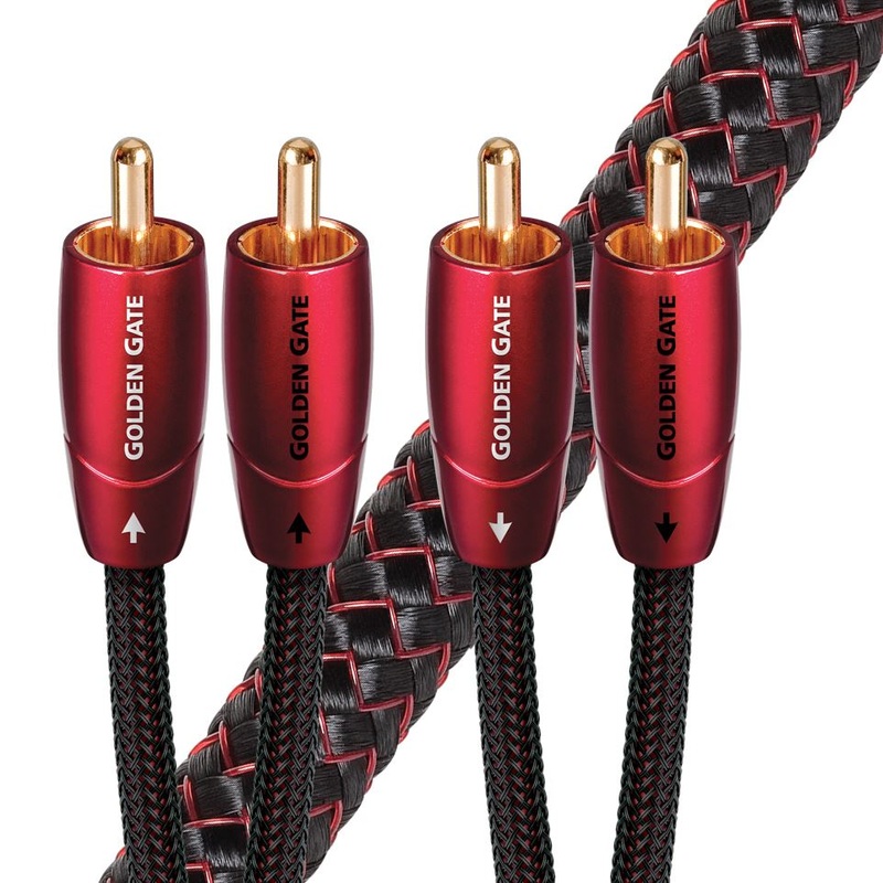 AUDIOQUEST Golden Gate 1M  2 to 2 RCA male. Solid perf surface copper Gold Plated/cold welded termination Foamed-Polyethylene dielectric Metal layer noise dissipation Jacket – red – black braid