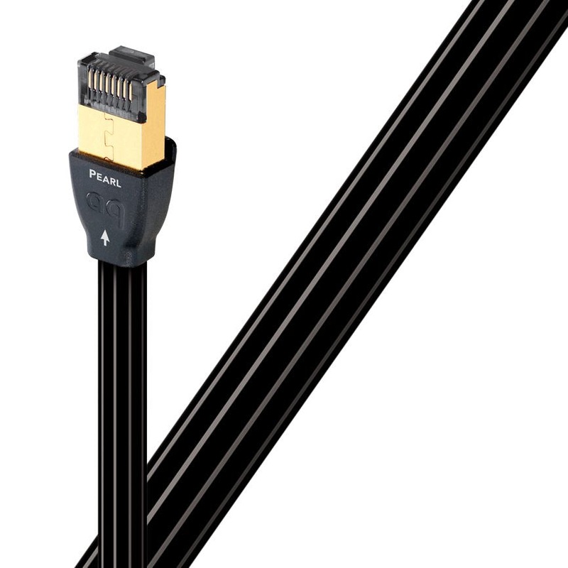 AUDIOQUEST Pearl 12M ethernet cable. Long grain copper (LGC). Geometry stabilizing solid high- density polyethylene dielectric. Gold-plated nickel connectors. Jacket – black PVC-grey stripes.