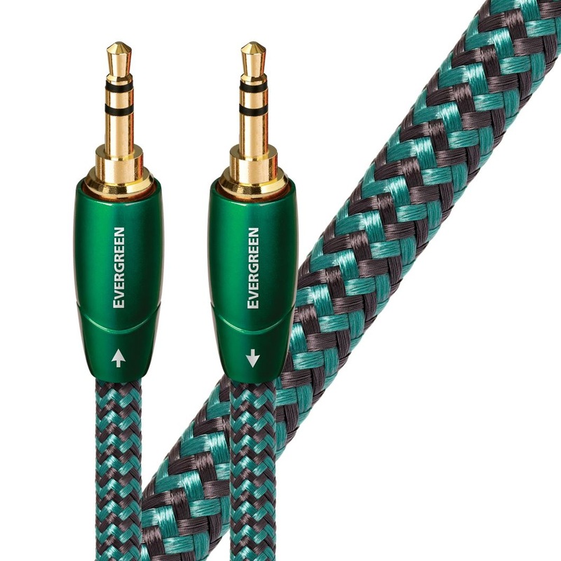 AUDIOQUEST Evergreen 1.5M 3.5mm M – 3.5mm M. Solid Long Grain Copper. Gold Plated/cold welded termination Foamed-Polyethylene dielectric Metal layer noise dissipation Jacket – green – black braid