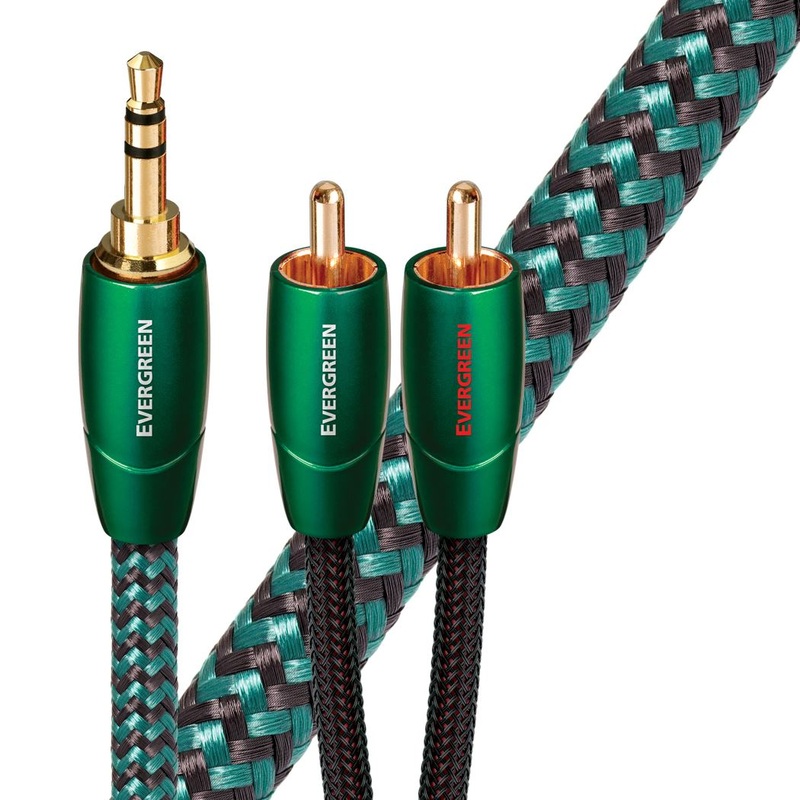 AUDIOQUEST Evergreen 2M 3.5mm to 2 RCA. Solid Long Grain Copper Gold Plated/cold welded termination Foamed-Polyethylene dielectric Metal layer noise dissipation Jacket – green – black braid