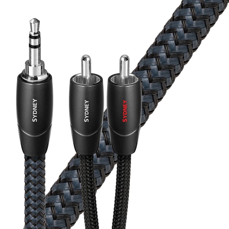 AUDIOQUEST Sydney 1.5M 3.5mm to 2 RCA. Solid perfect surface copper plus. Polyethylene air-tubes. Carbon-based noise-dissipation. Jacket – dark grey – black braid. 7-10 Day Lead Time