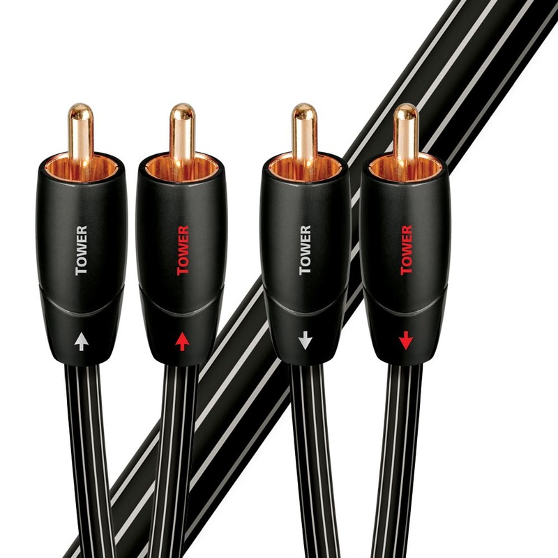 AUDIOQUEST Tower 1M 2 to 2 RCA Male. Solid Long Grain Copper Gold Plated/cold welded termination Foamed-Polyethylene dielectric Metal layer noise dissipation Jacket – black with white stripes P