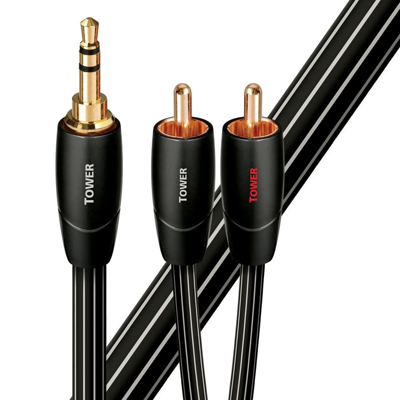 AUDIOQUEST Tower 2M 3.5mm to 2 RCA. Solid Long Grain Copper. Gold Plated/cold welded termination Foamed-Polyethylene dielectric Metal layer noise dissipation Jacket – black with white stripes P