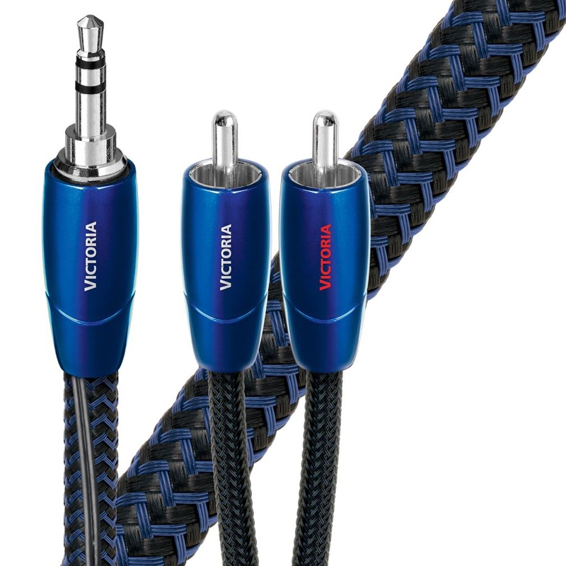 AUDIOQUEST Victoria 1M 3.5mm to 2 RCA. Solid perfect-surface copper plus. Polyethylene air-tubes Carbon-based noise dissipation Jacket – blue-black braid