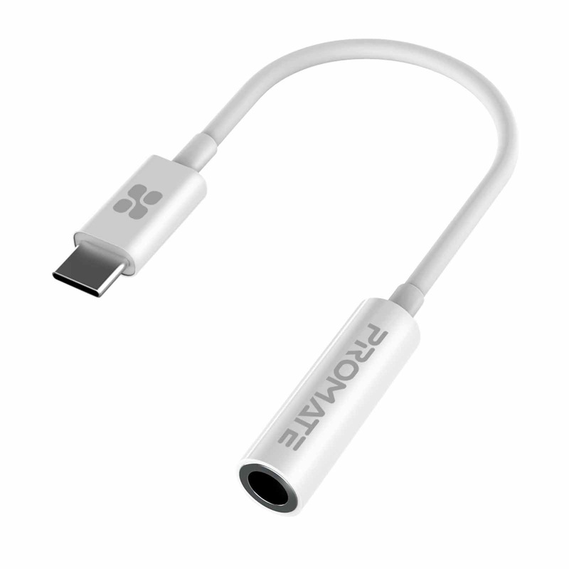 PROMATE Dynamic Stereo USB-C to 3.5mm AUX Headhone Jack Adapter. Digital to Analog Converter. Supports Music & Calls, 120mm Length. White Colour.