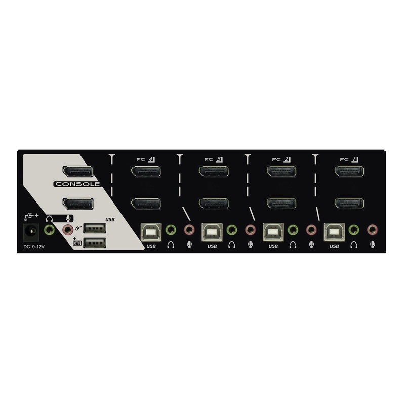 REXTRON 4 Port Dual DisplayPort USB KVM Switch with Audio. Dual DisplayPort Max res. 4K60Hz. USB Console. Front Panel Computer Selection.