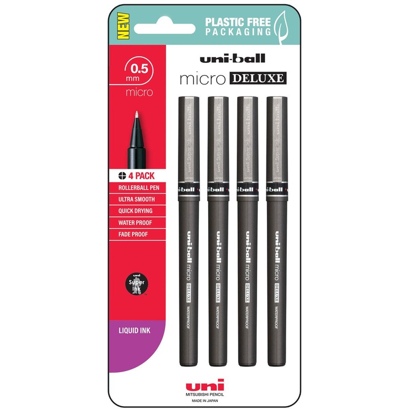 Uni Micro 0.5mm Deluxe Capped Rollerball Black Hangsell Pk4