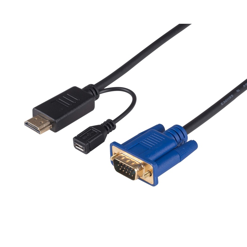 DYNAMIX 2m HDMI to VGA Cable, Includes Micro USB Female. Optional Power. No HDCP. HDMI 1.4 Max Res: 1080p@60Hz (1920×1080). Directional cable.