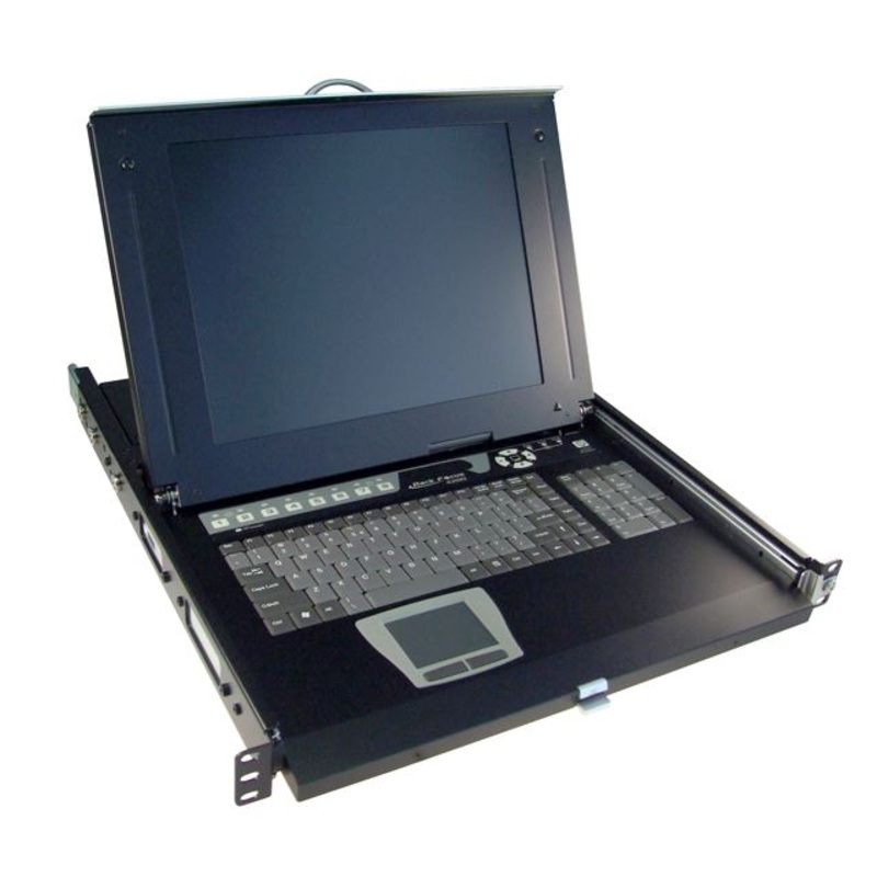REXTRON All-in-1 Integrated LCD KVM Drawer. 8 Port, 19”” Screen Size. 1x console to 8x PS2 or USB PC”s, 19”” TFT LCD, Keyboard Drawer, Rear Bracket ext. Kit (48~93cm,) 8x 1.8m VGA/USB leads. Colour Black.
