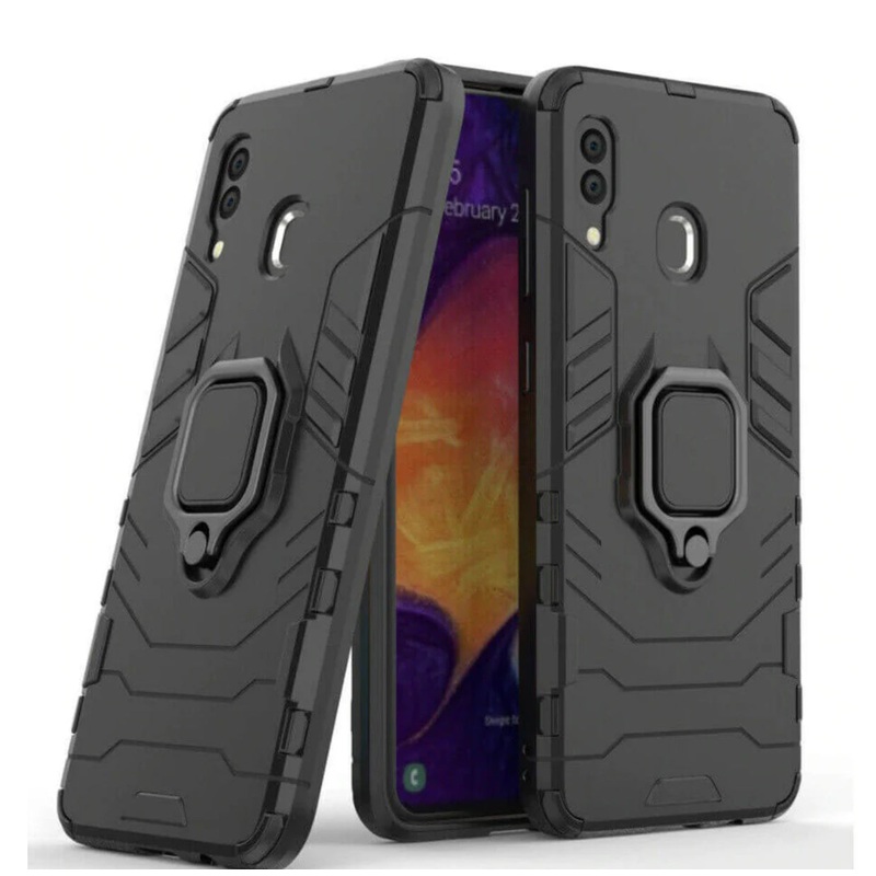 For Samsung Galaxy A20 / A30 Luxury Armor Case Shockproof Cover Magnet Ring Holder – Black