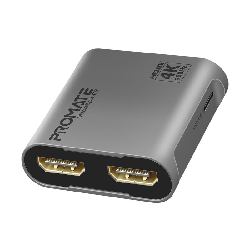 PROMATE HDMI Splitter with Dual HDMI Ports. Supports up to 4K@60Hz Play Content on 2x Monitors Simultaneously. USB-C Port (5V,500MA). Easy Plug & Play.