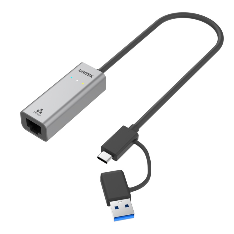 UNITEK USB to 2.5G Ethernet Adapter with 2-in-1 Connectors (USB-C & USB-A). Supports up to 2500Mbps, Supports IEEE 802.3, Aluminium Alloy Housing, 30cm Cable, Space Grey Colour.