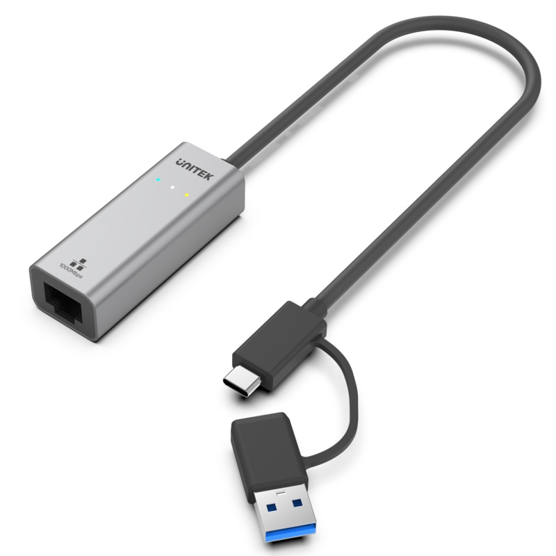 UNITEK USB to Gig Ethernet Adapter with 2-in-1 Connectors (USB-C & USB-A). Supports up to 5Gbps, Supports IEEE 802.3, Aluminium Alloy Housing, 30cm Cable, Space Grey Colour.