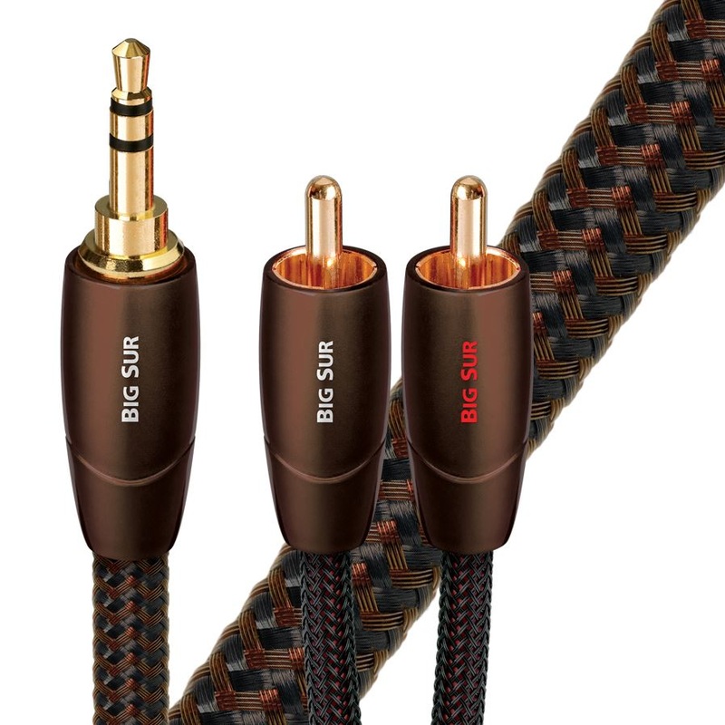 AUDIOQUEST Big Sur 1M 3.5mm to 2 RCA. Solid perf surface Copper plus. Gold Plated/cold welded termination. Foamed-Polyethylene dielectric. Metal layer noise dissi pation. Jacket- brown – black braid