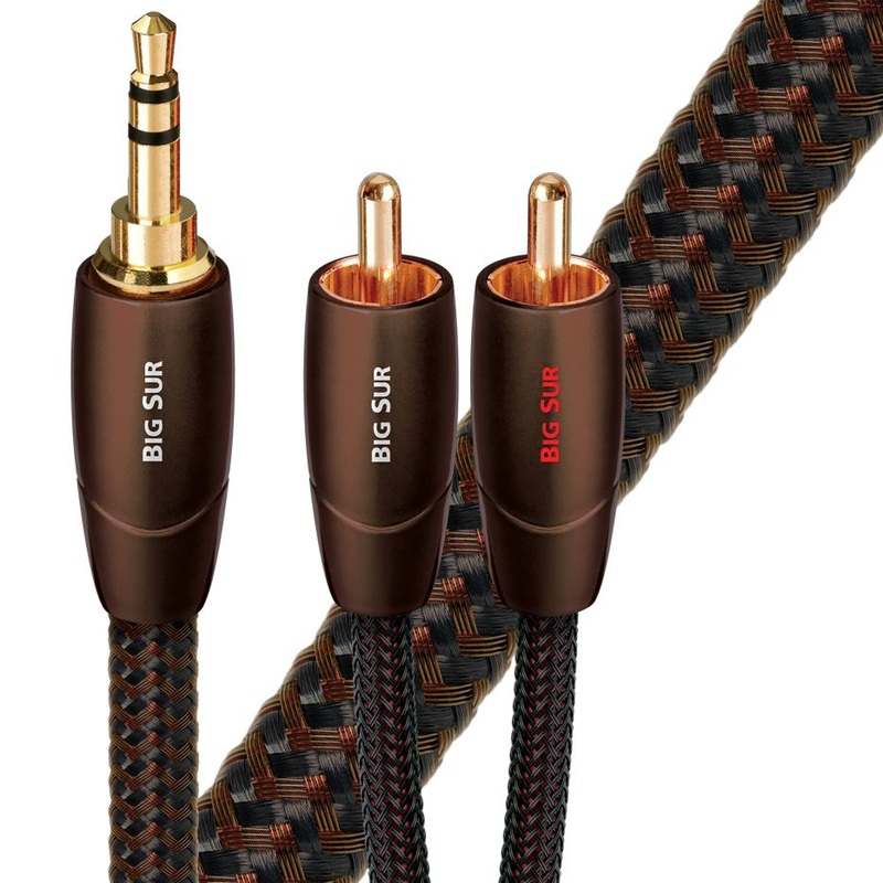 AUDIOQUEST Big Sur 3M 3.5mm to 2 RCA. Solid perf surface Copper plus. Gold Plated/cold welded termination. Foamed-Polyethylene dielectric. Metal layer noise dissi pation. Jacket- brown – black braid