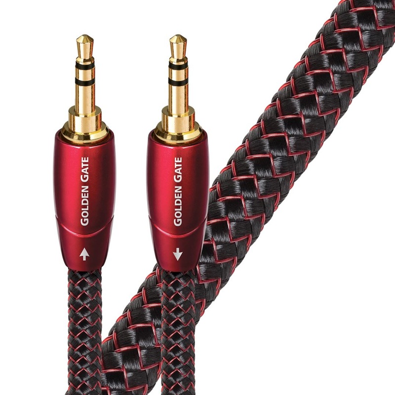 AUDIOQUEST Golden Gate 3M 3.5mm M- 3.5mm M. Solid perf surface Copper. Gold Plated/cold welded termination Foamed-Polyethylene dielectric Metal layer noise dissipation Jacket – red – black braid