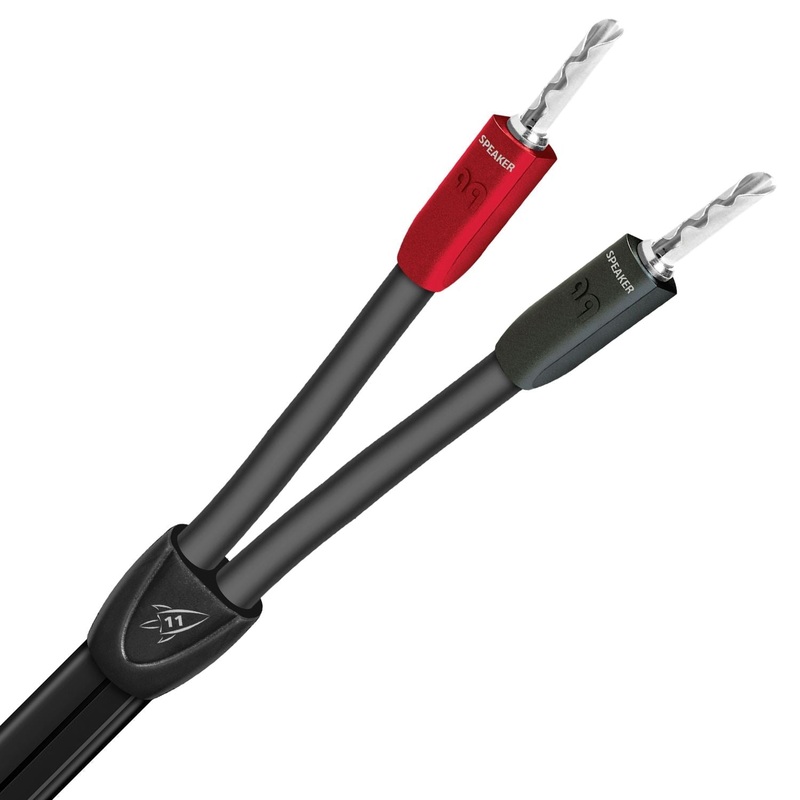 AUDIOQUEST Rocket 22 2M pair. Full range. Banana – spade. 12AWG long grain copper and perfect surface copper. Double spiral pair. PVC dielectric. Jacket – black PVC with blue stripes.