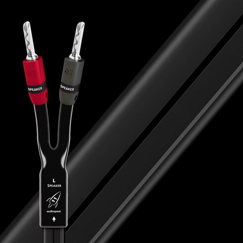 AUDIOQUEST Rocket 22 3M pair. Full range. Banana – spade. 12AWG long grain copper and perfect surface copper. Double spiral pair. PVC dielectric. Jacket – black PVC with blue stripes.