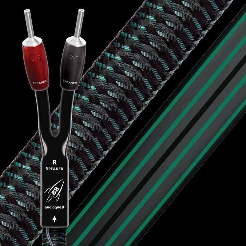 AUDIOQUEST Rocket 88 3M pair. Banana – Banan. 13AWG solid perfect surface copper plus. Double star-quad geometry. 72v DBS. Carbon based noise dissipation. Jacket- green – black.