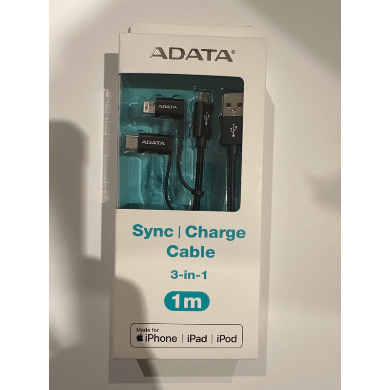 Adata Apple MFi-certified ADATA 3-in-1 Sync, USB Type A (M) to micro USB Type B (M) 1m Cable w/ USB Type-C & Lightning Adapters