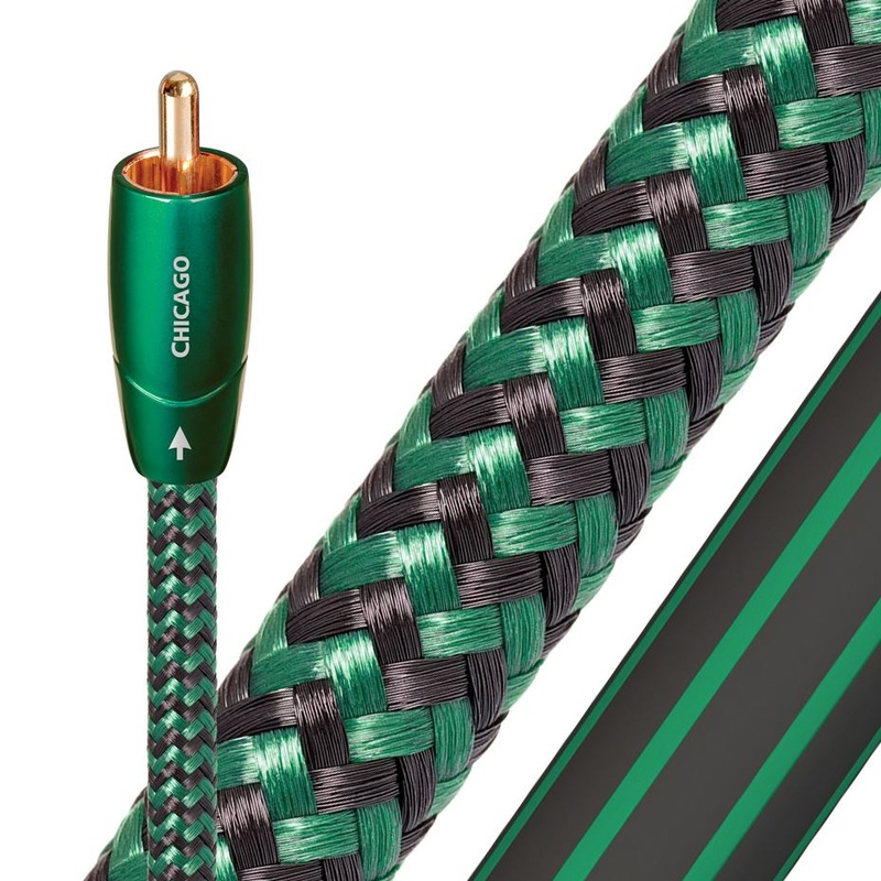 AUDIOQUEST Chicago  2M 2 to 2 RCA . Solid Long Grain Copper (LGC). Double balanced. Hard-cell foam. Double balanced Cold-welded,gold plated termination Jacket – green – black braid