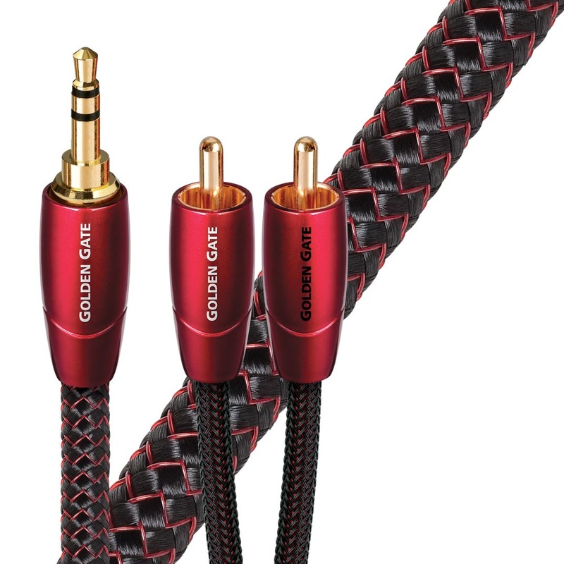 AUDIOQUEST Golden Gate 16M 3.5mm to 2 RCA. Solid perf surface copper Gold Plated/cold welded termination Foamed-Polyethylene dielectric Metal layer noise dissipation Jacket – red – black braid