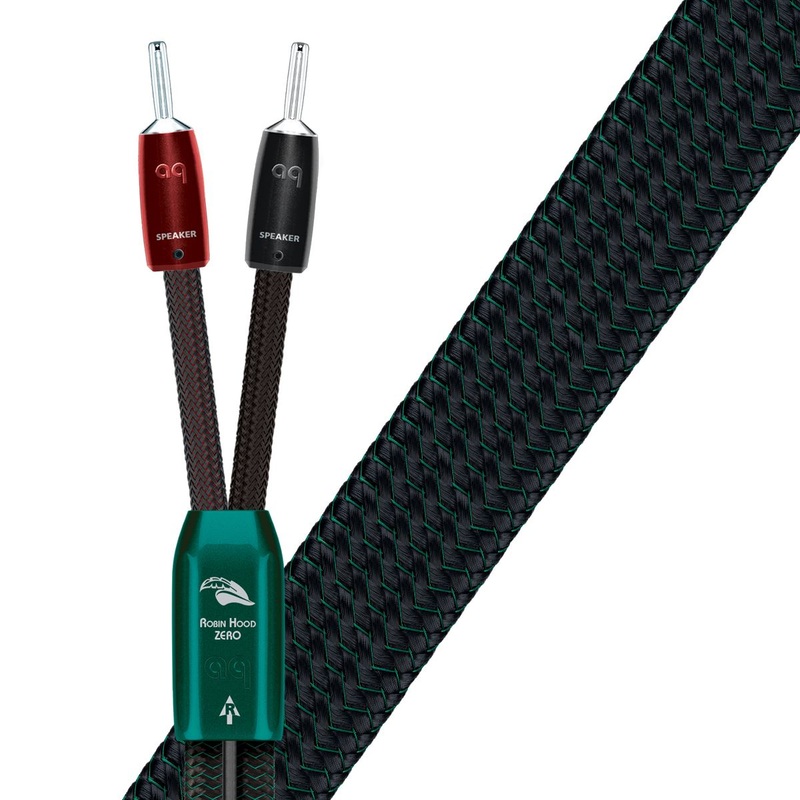 AUDIOQUEST Robin Hood Zero speaker cable. 3M pair, full range. 13AWG solid perfect-surface copper plus. Banana – Banana termination. Jacket – dark red – black braid.