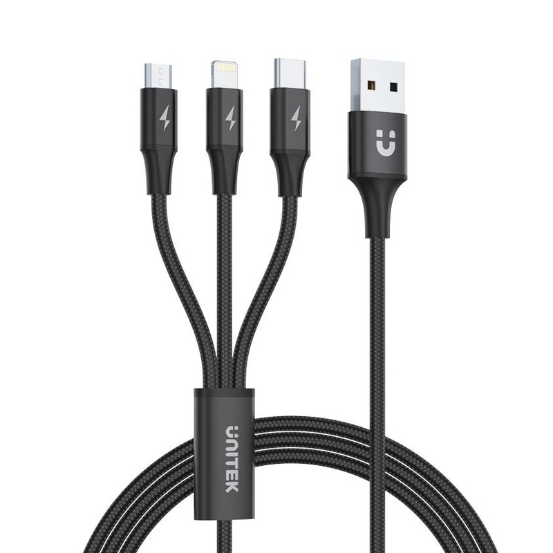 UNITEK 1.2m USB 3-in-1 Charge Cable. Integrated USB-A to Micro-B, Lightning Connector & USB-C Connector. Black Colour.